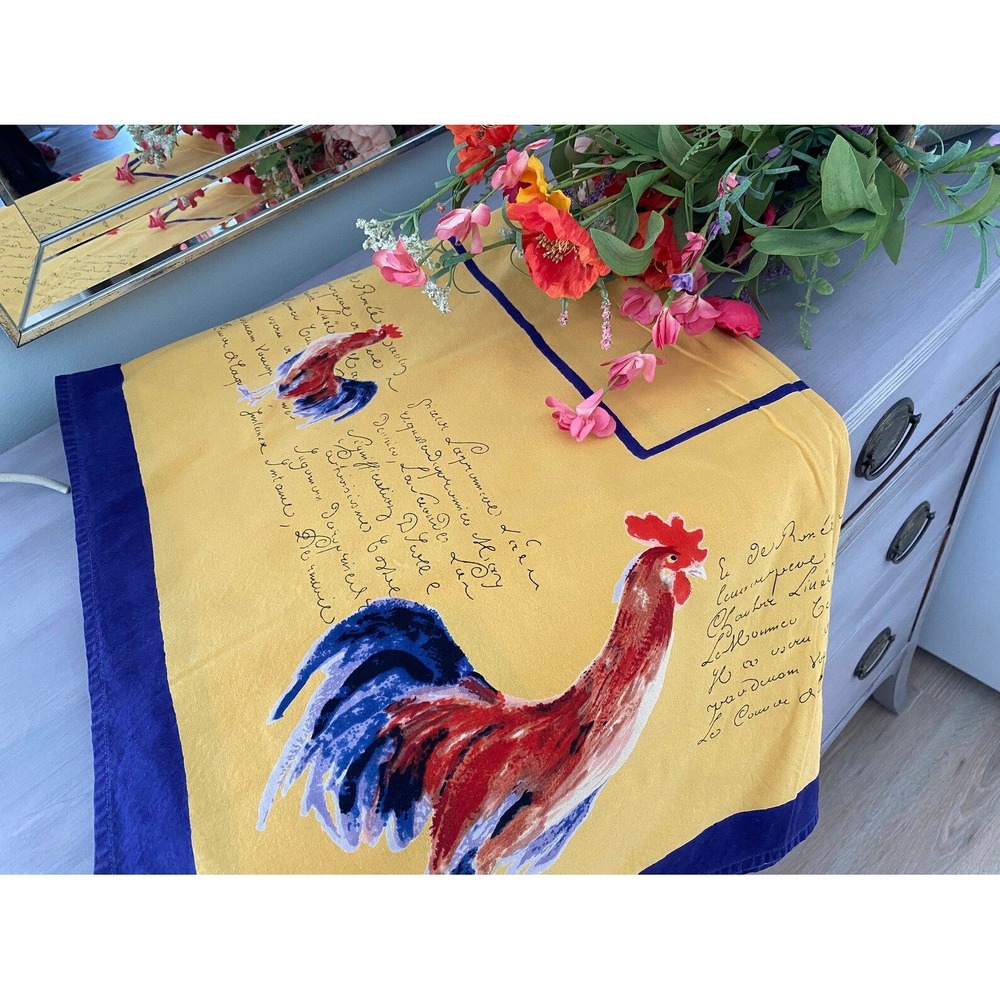 Williams Sonoma Tablecloth 70x90 Yellow Rooster Script French Country Cotton